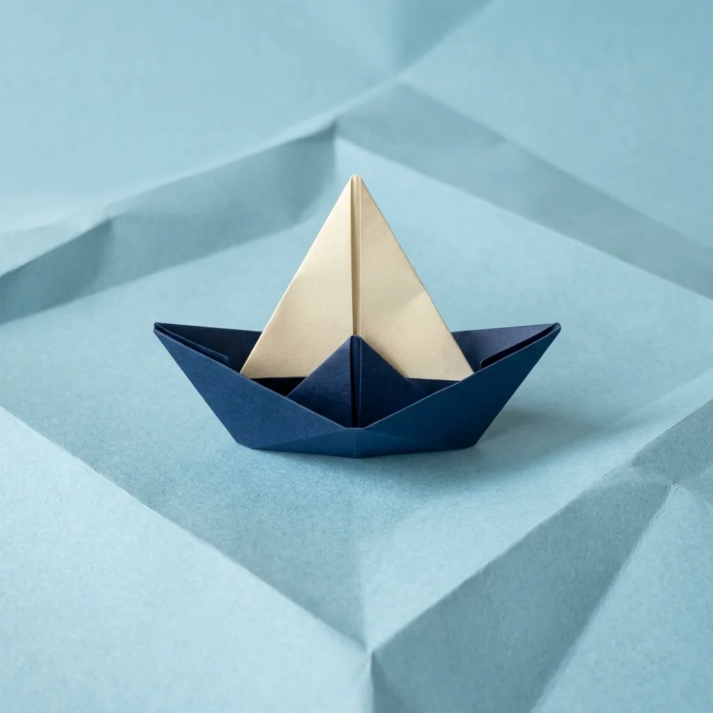 Navy origami sailboat with a cream folded sail on broad pale blue paper waves