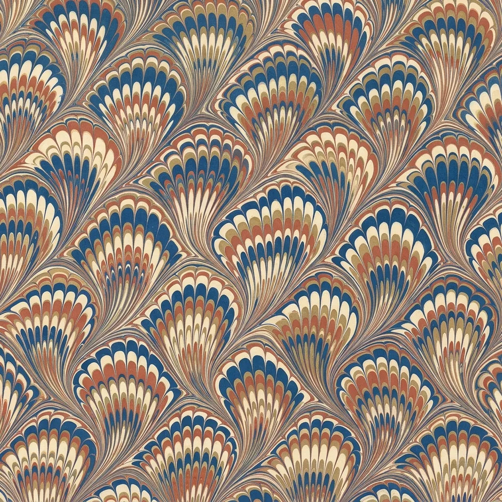 Paper marbling pattern of small repeated blue, cream and terracotta fans formed from fine combed lines