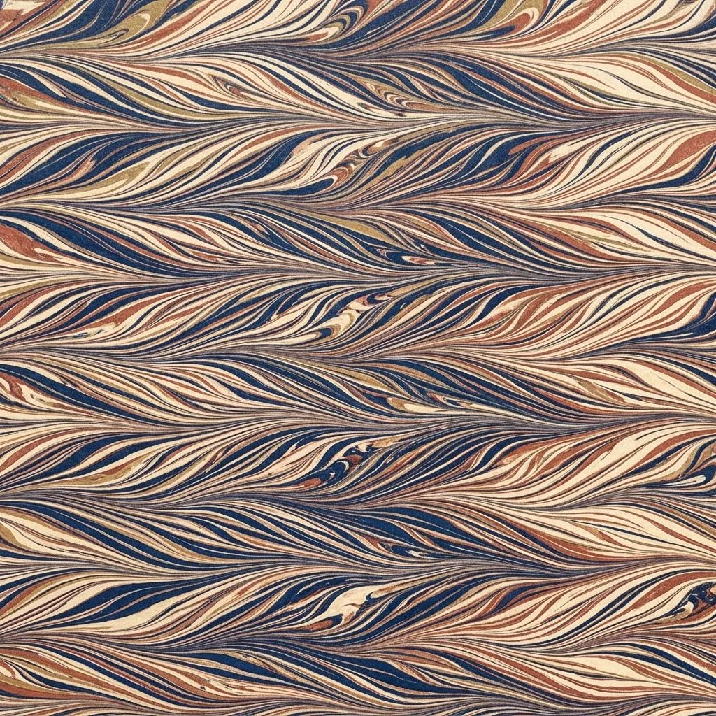 Paper marbling with long horizontal rows of feathered indigo, cream and rust currents