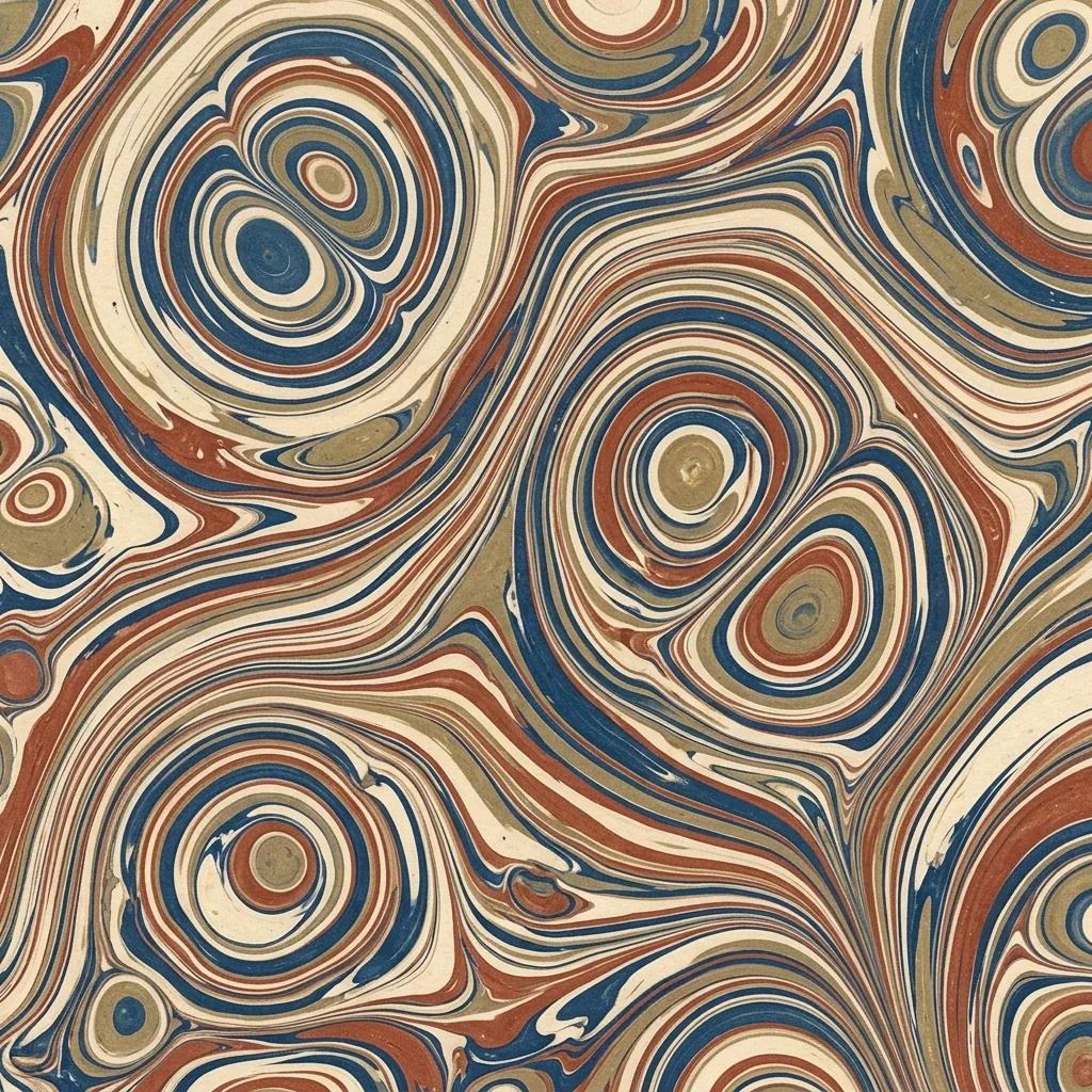 Paper marbling pattern of rounded blue, cream and terracotta pools surrounded by uneven nested rings