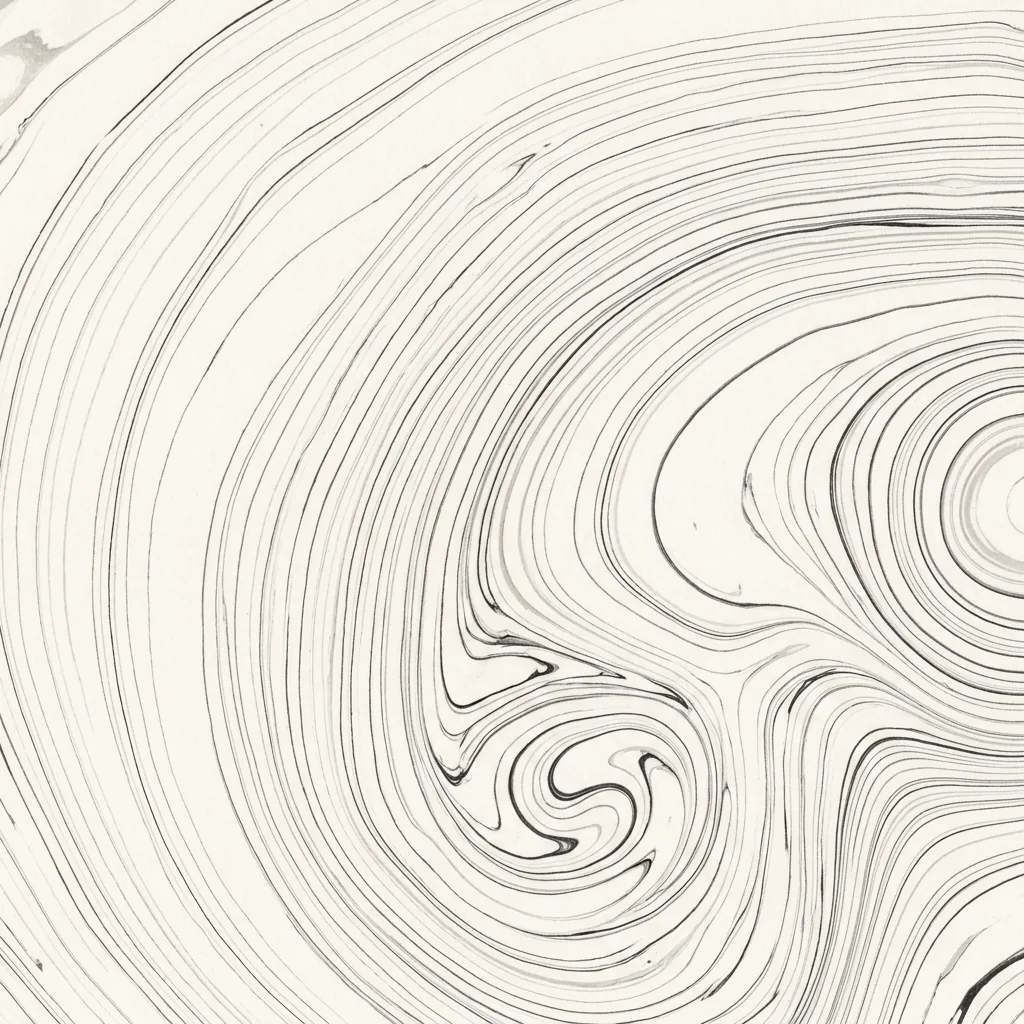 Suminagashi-inspired marbling with fine gray ink lines sweeping into loose curls on warm white