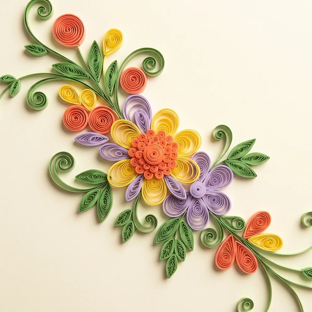 Paper quilling bouquet of coral, yellow and lavender flowers with curled green leaves on warm ivory