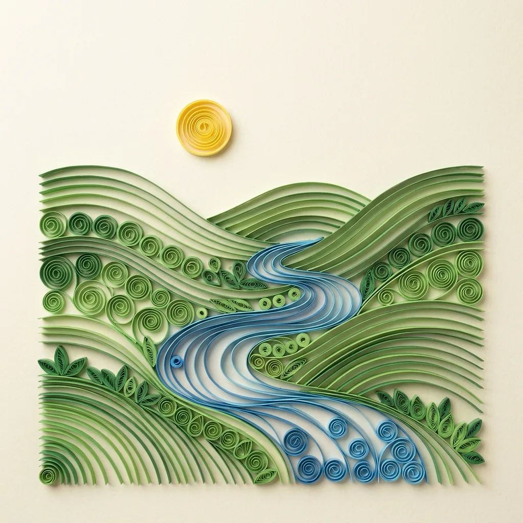 Quilling landscape of rolling green hills, a winding blue river and a small yellow sun formed from upright paper strips