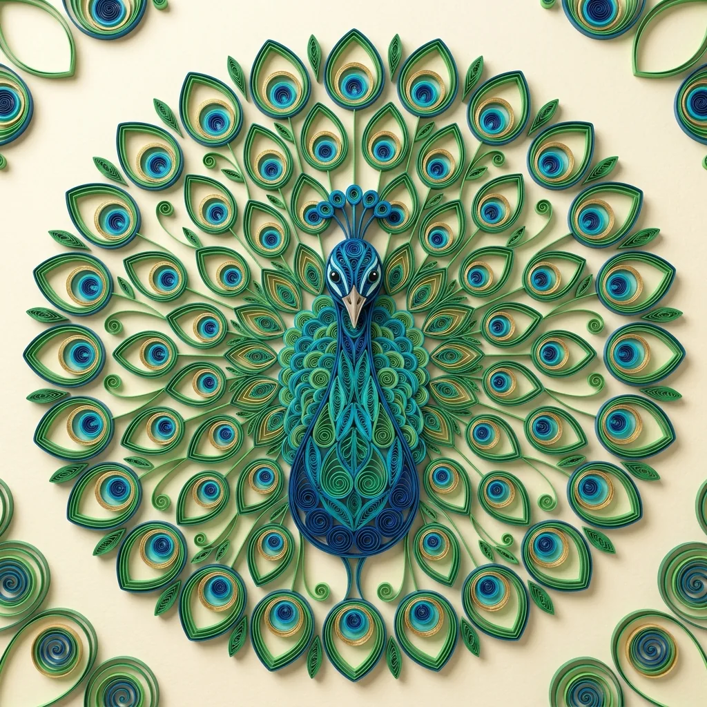 Blue and green quilled peacock with a fanned tail of concentric teardrop coils on ivory paper