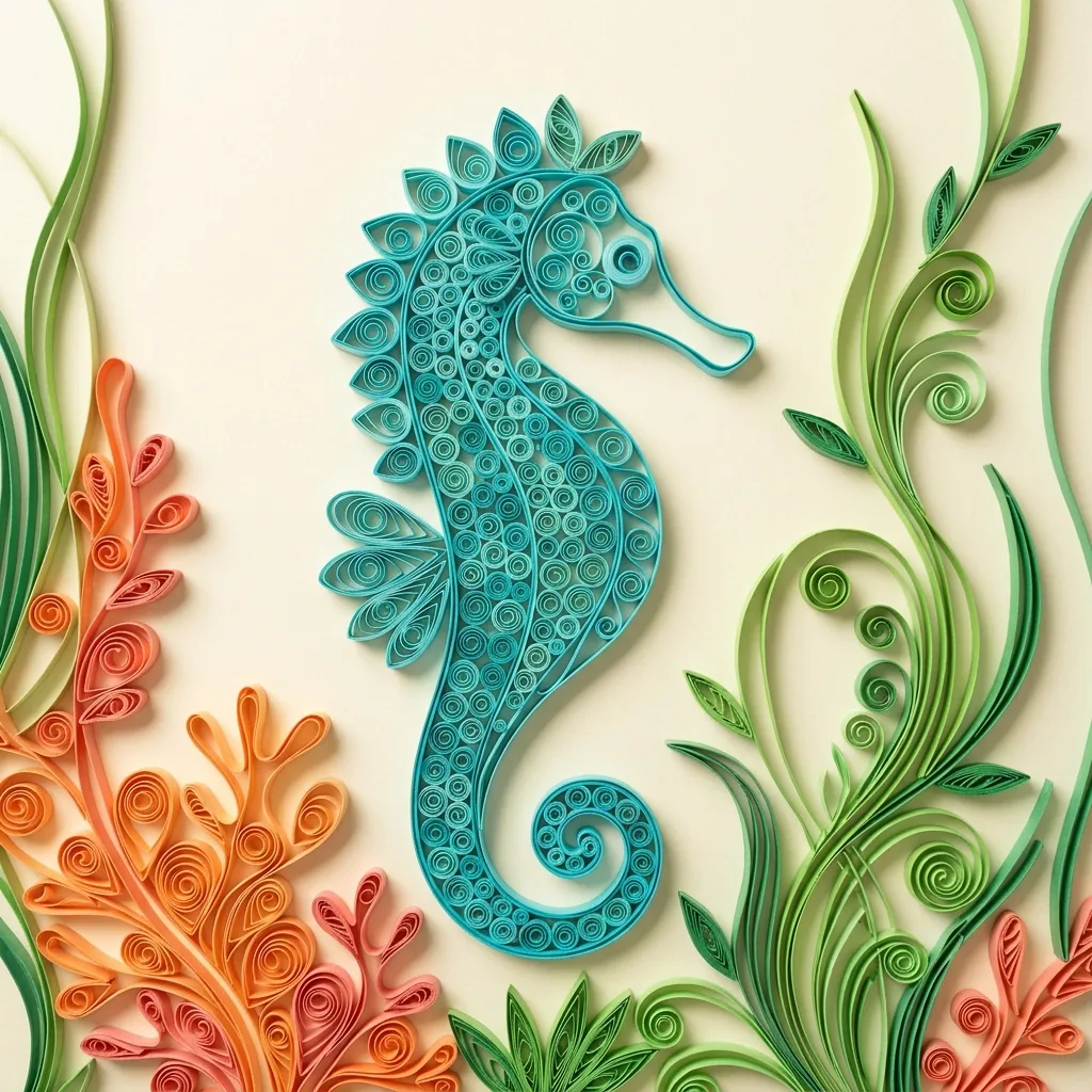 Turquoise quilled seahorse with a coiled tail among coral and green sea plants on a cream ground