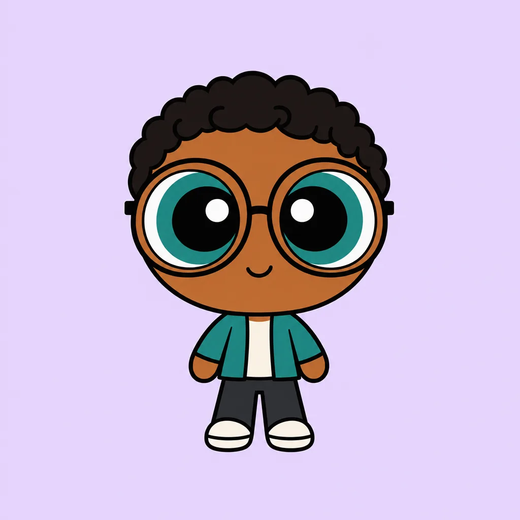 Avatar inspiré des Supers Nanas, aux boucles foncées, avec des lunettes rondes et une veste bleu canard sur fond lilas