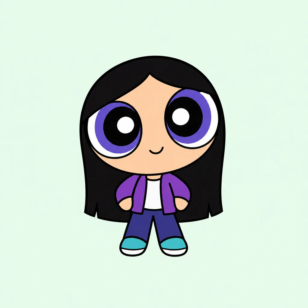 Avatar de dessin animé en pied, aux longs cheveux noirs, avec une veste violette et des chaussures turquoise sur fond menthe