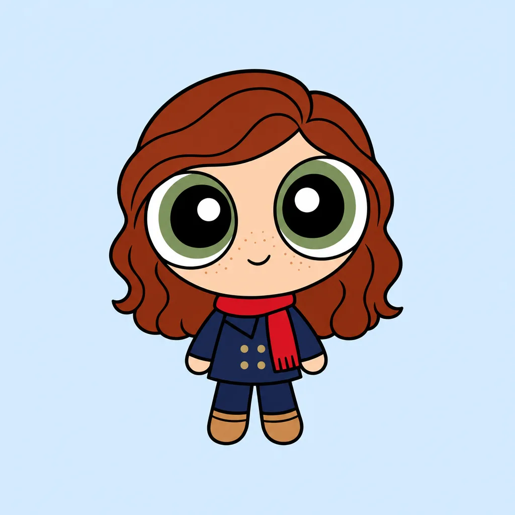 Avatar aux grands yeux, aux cheveux auburn ondulés et aux taches de rousseur, portant une écharpe rouge et un manteau bleu marine sur fond bleu pâle