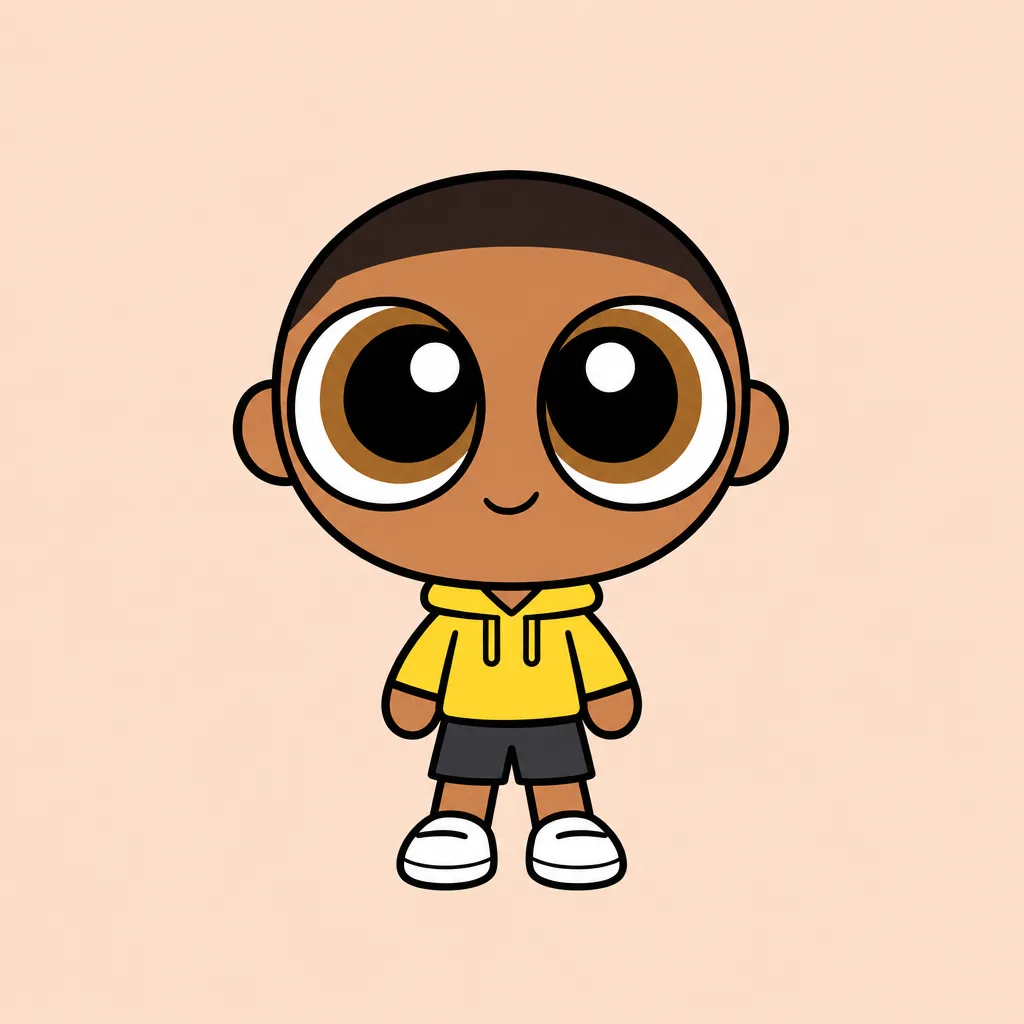 Avatar de dessin animé aux grands yeux et aux cheveux très courts, portant un sweat à capuche jaune, un short foncé et des chaussures blanches sur fond pêche