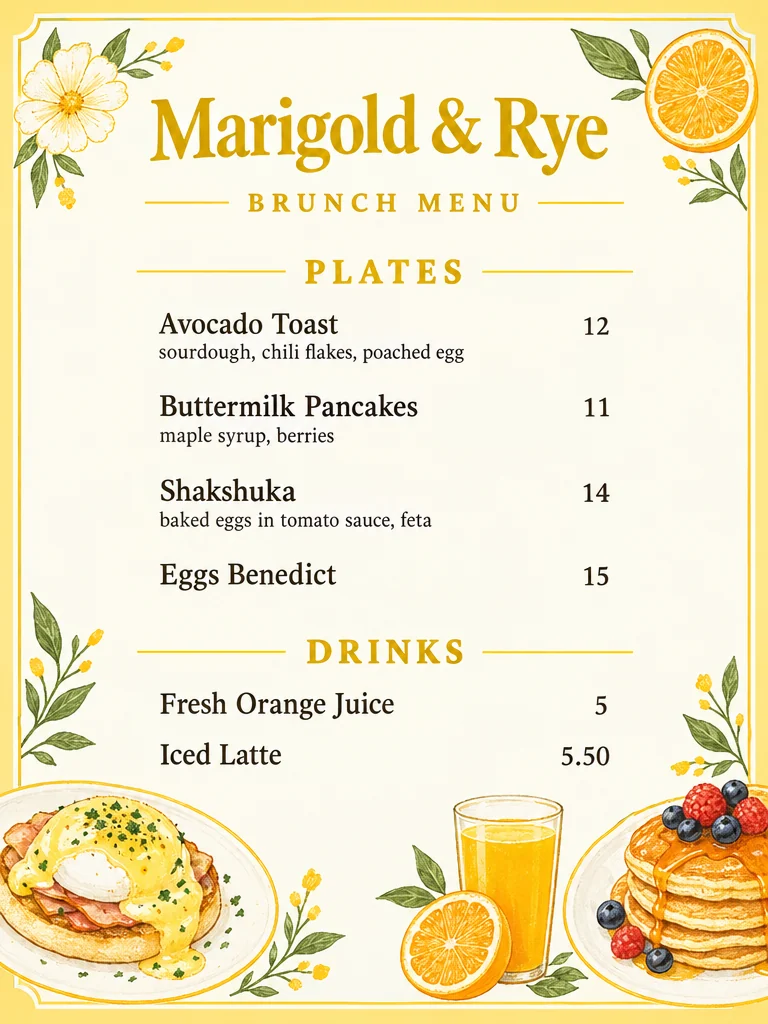 Zartgelbe Brunchkarte für Marigold & Rye mit Aquarellen von Eggs Benedict, Pancakes und Orangensaft, mit Gerichten samt kurzen Beschreibungen und Getränken mit Preisen