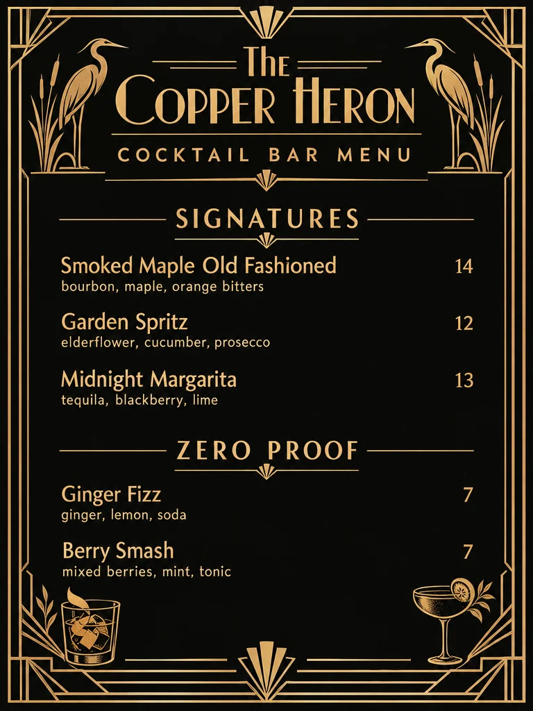 Cocktailkarte in Schwarz und Gold im Art-déco-Stil für The Copper Heron mit Reiherzeichnungen, mit Signature-Cocktails und alkoholfreien Drinks samt Zutaten und Preisen