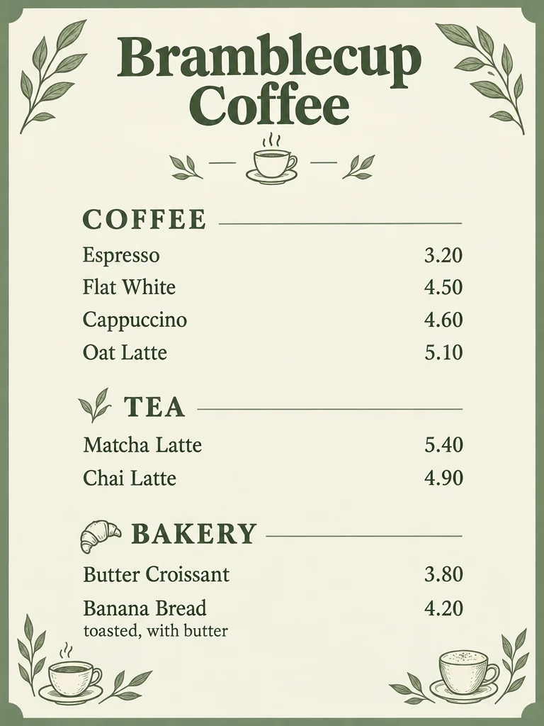 Salbeigrüne Kaffeekarte für Bramblecup Coffee mit Strichzeichnungen von Tassen und einem Croissant, mit Kaffee, Tee und Gebäck zu Preisen von 3.20 bis 5.40