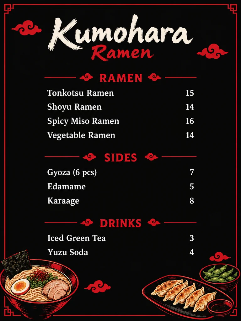 Speisekarte in Schwarz und Rot für Kumohara Ramen mit Wolkenmotiven und Zeichnungen einer Ramen-Schüssel und von Gyoza, mit Ramen, Beilagen und Getränken samt Preisen