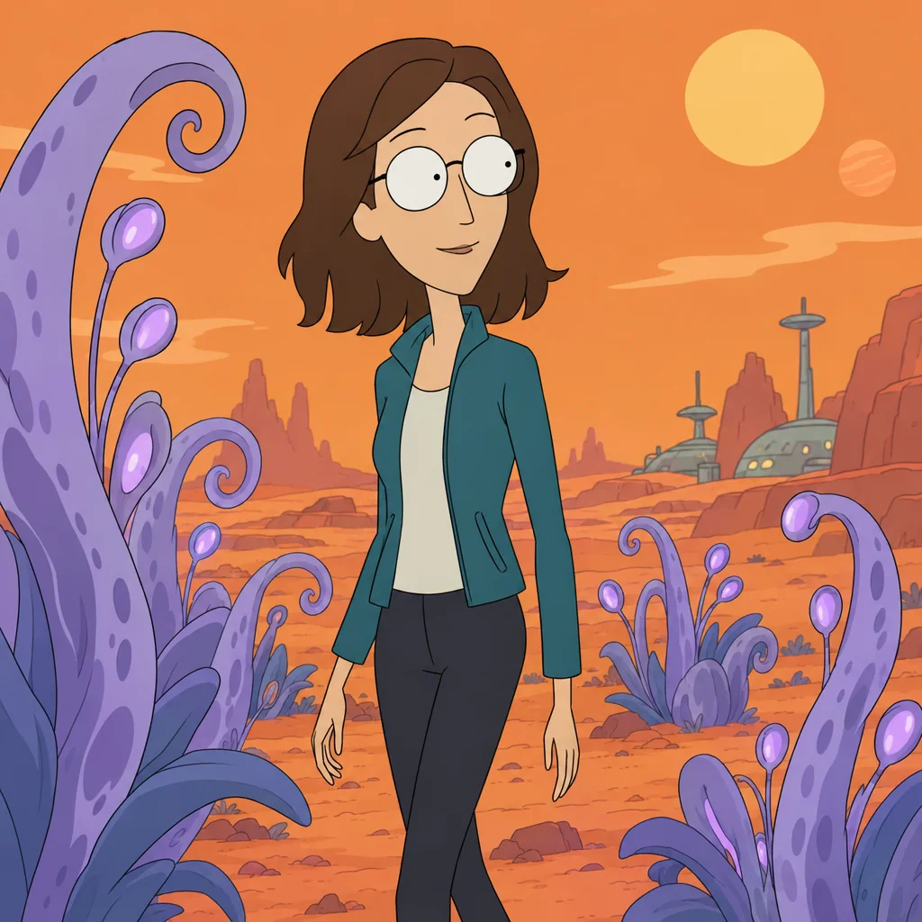 An original adult woman with brown shoulder-length hair, teal jacket and dark trousers among lavender curling alien plants on a warm orange planet