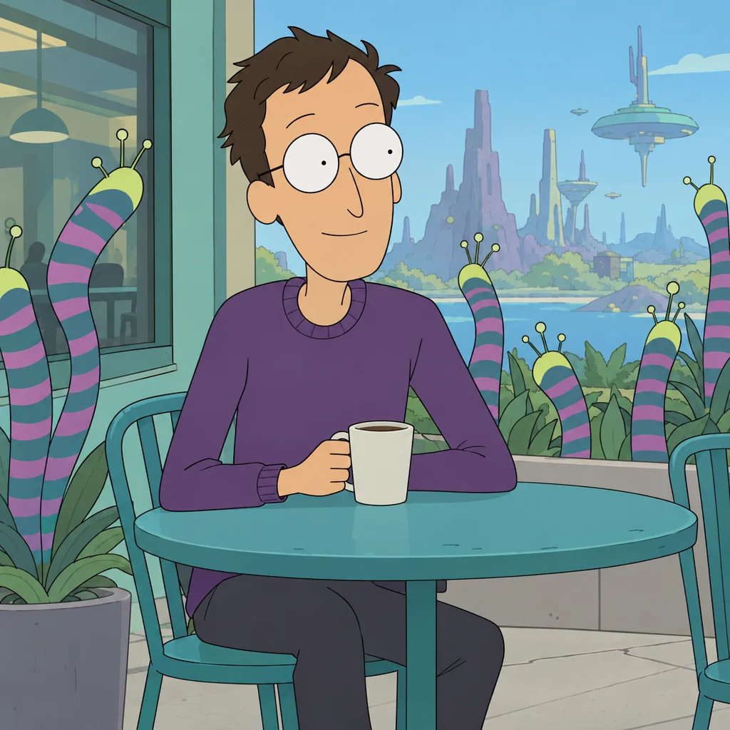 An original adult man with round glasses and a purple pullover at a simple teal cafe table with unfamiliar striped plants outside