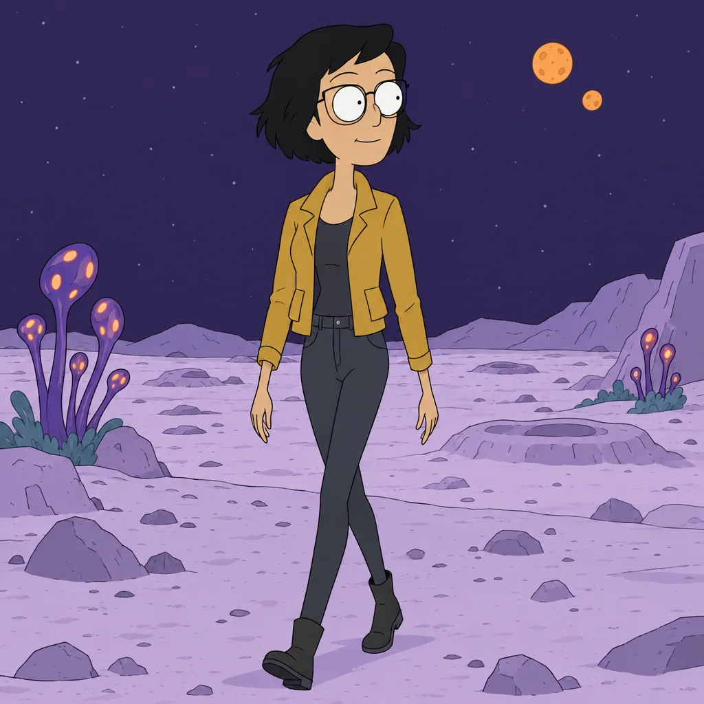 An original adult woman with short black hair and a mustard jacket walking on a pale purple moon under two tiny orange moons