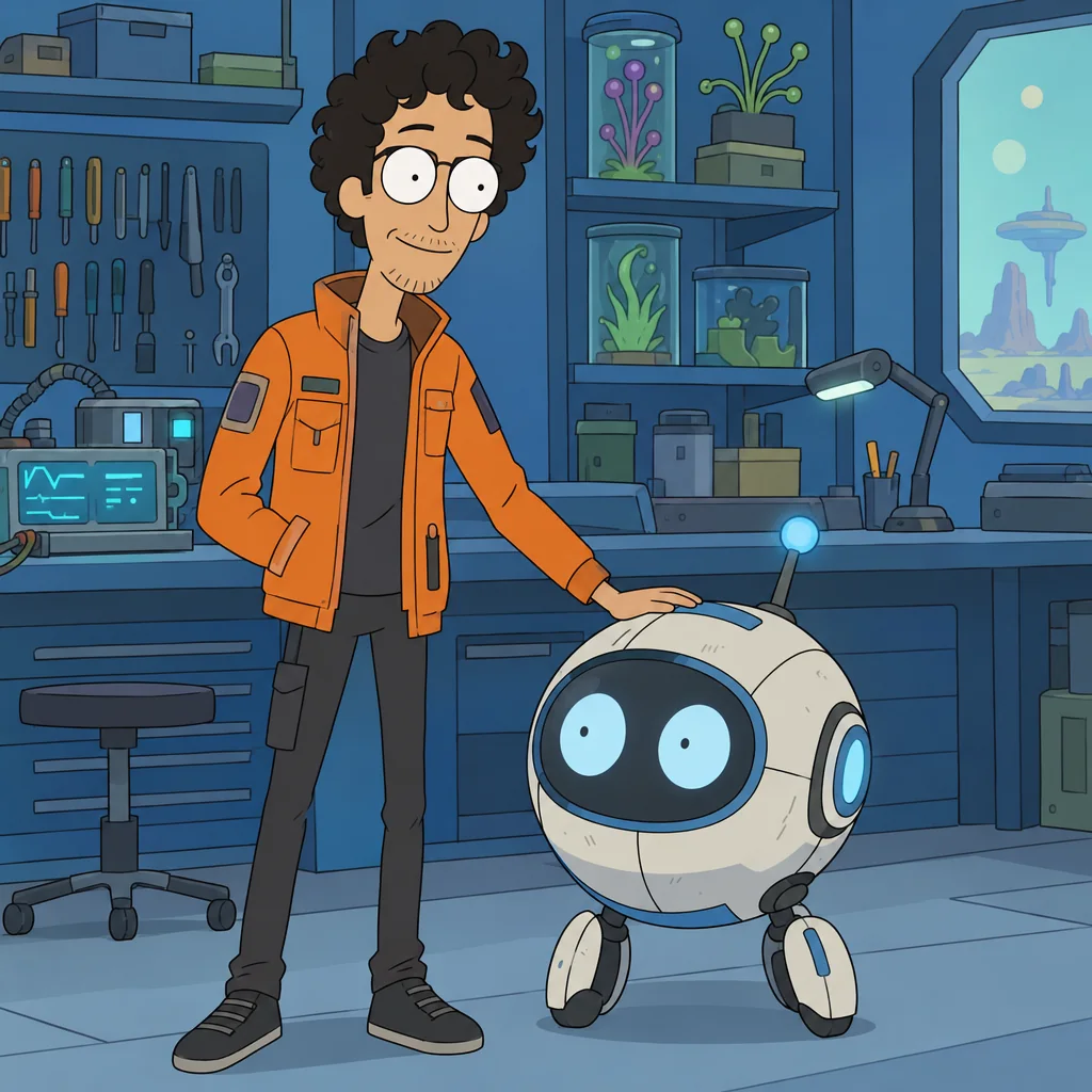 An original adult man with curly black hair and an orange utility jacket beside an invented small spherical robot in a blue workshop