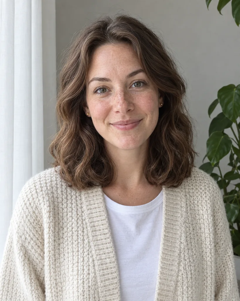 Handyfoto einer Frau Anfang dreißig mit Sommersprossen und welligem kastanienbraunem Haar in einer cremefarbenen Strickjacke