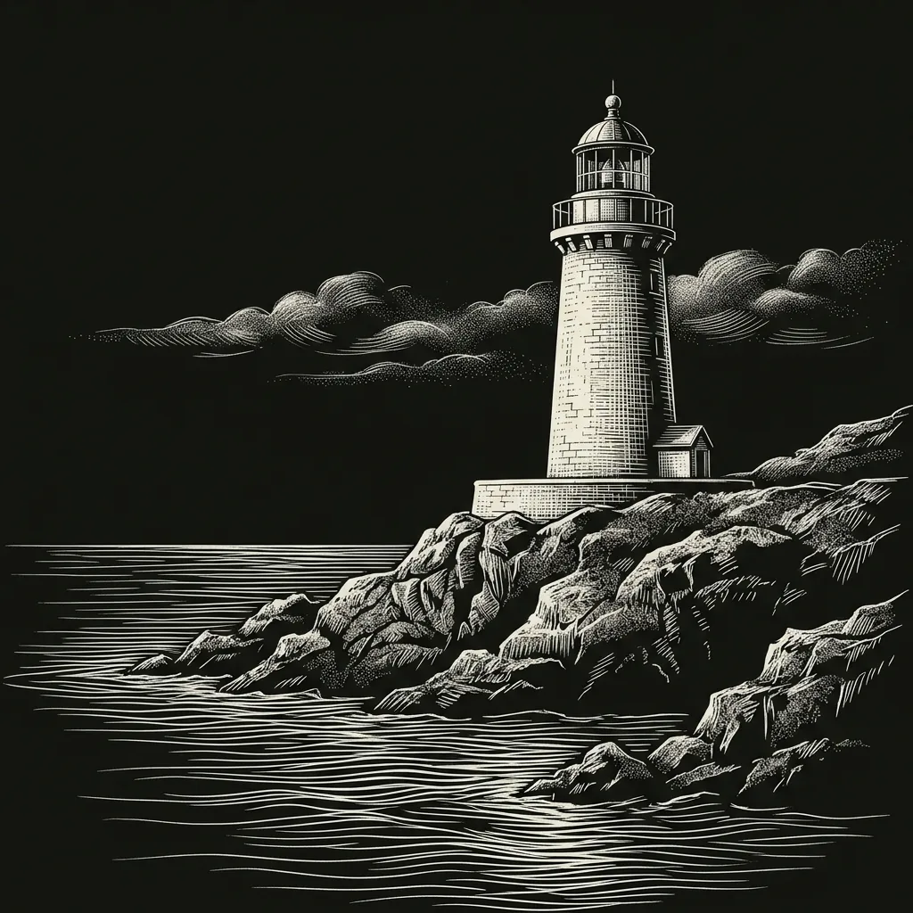 Monochrome scratchboard-style lighthouse above dark rocks and a calm sea, with fine hatching across the stone, water and cloudy sky