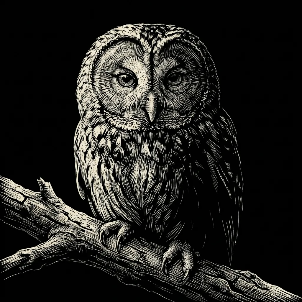 Monochrome scratchboard-style owl perched on a rough branch, with fine pale marks describing feathers and bark against black