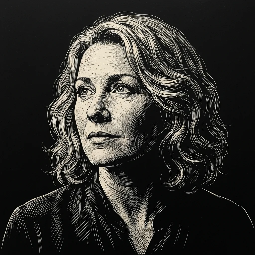 White-on-black scratchboard-style portrait of a woman with wavy hair, with pale marks on the illuminated face and individual strands