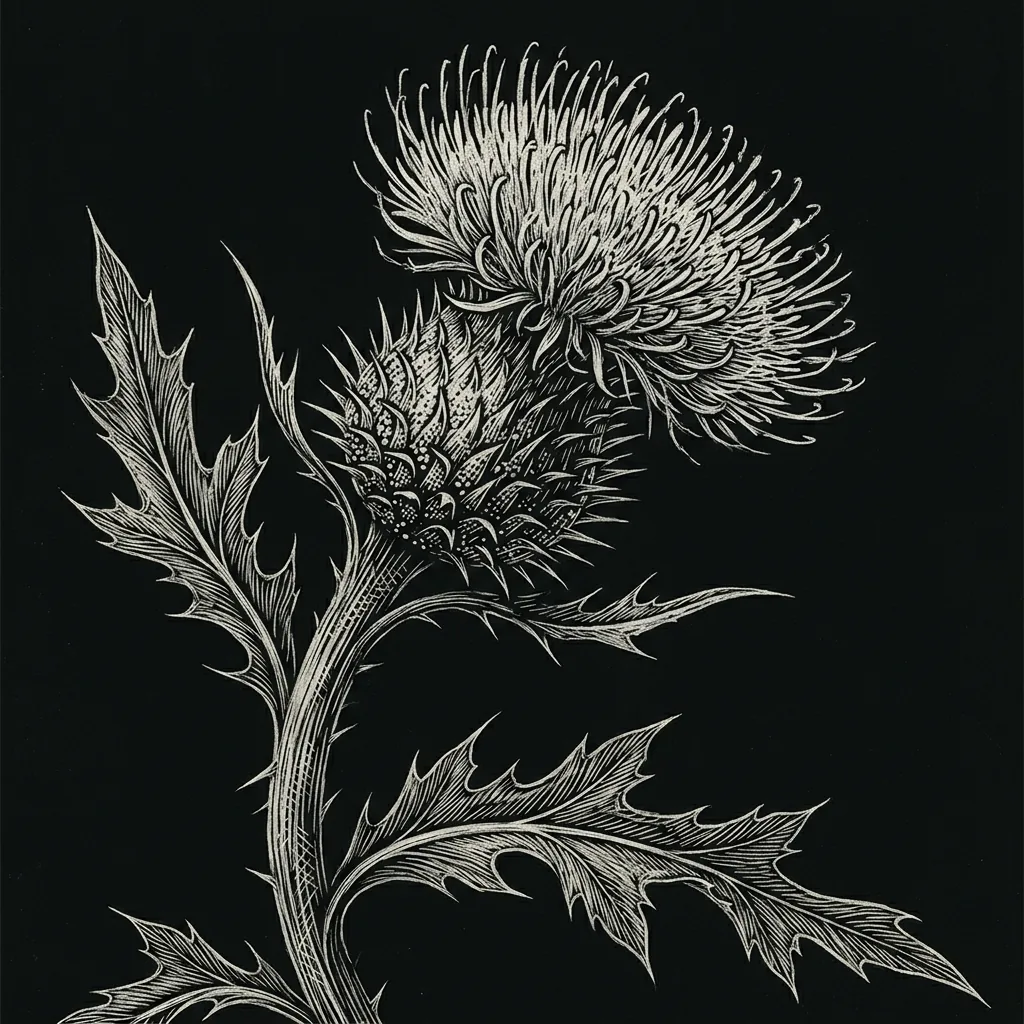 Scratchboard-style thistle with fine pale flower filaments, a curved stem and jagged leaves against a rich black background