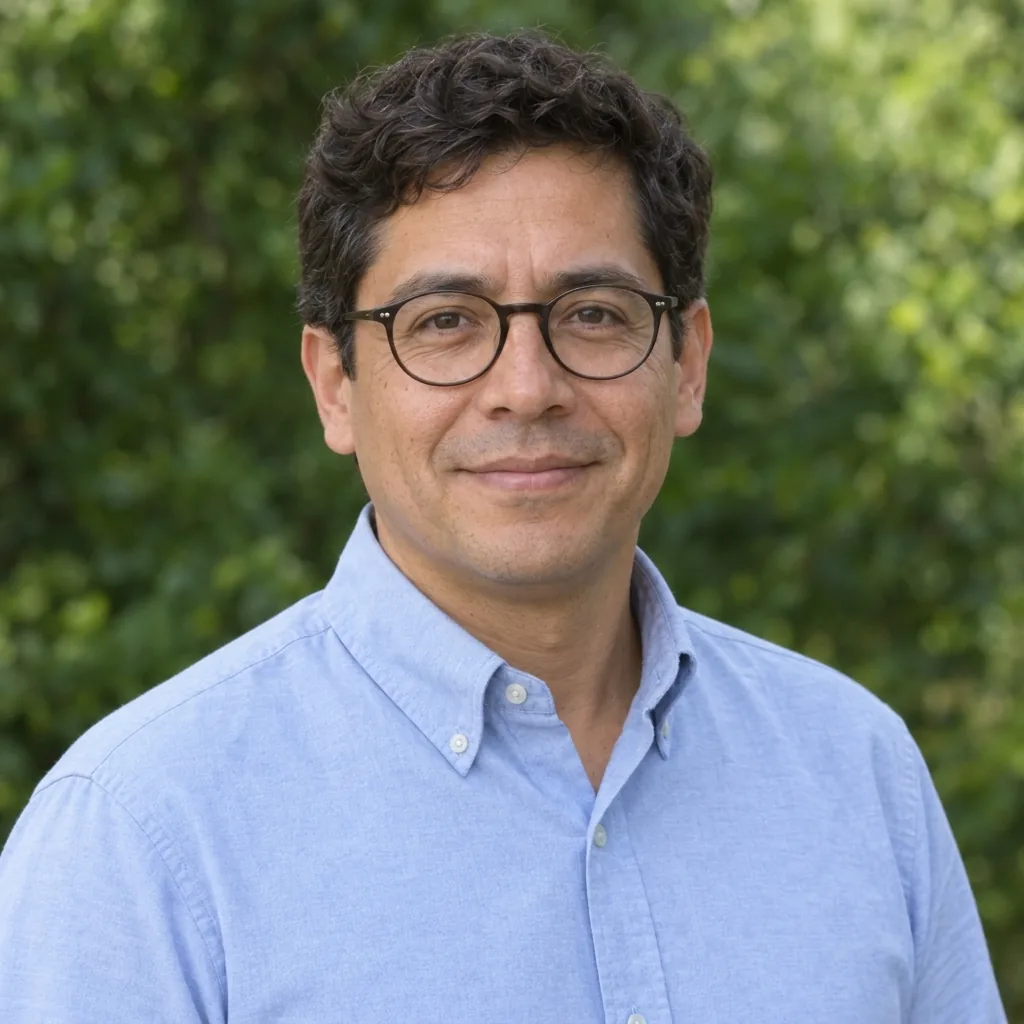 Hombre adulto con gafas redondas y una leve sonrisa con la boca cerrada ante un fondo exterior suavemente desenfocado