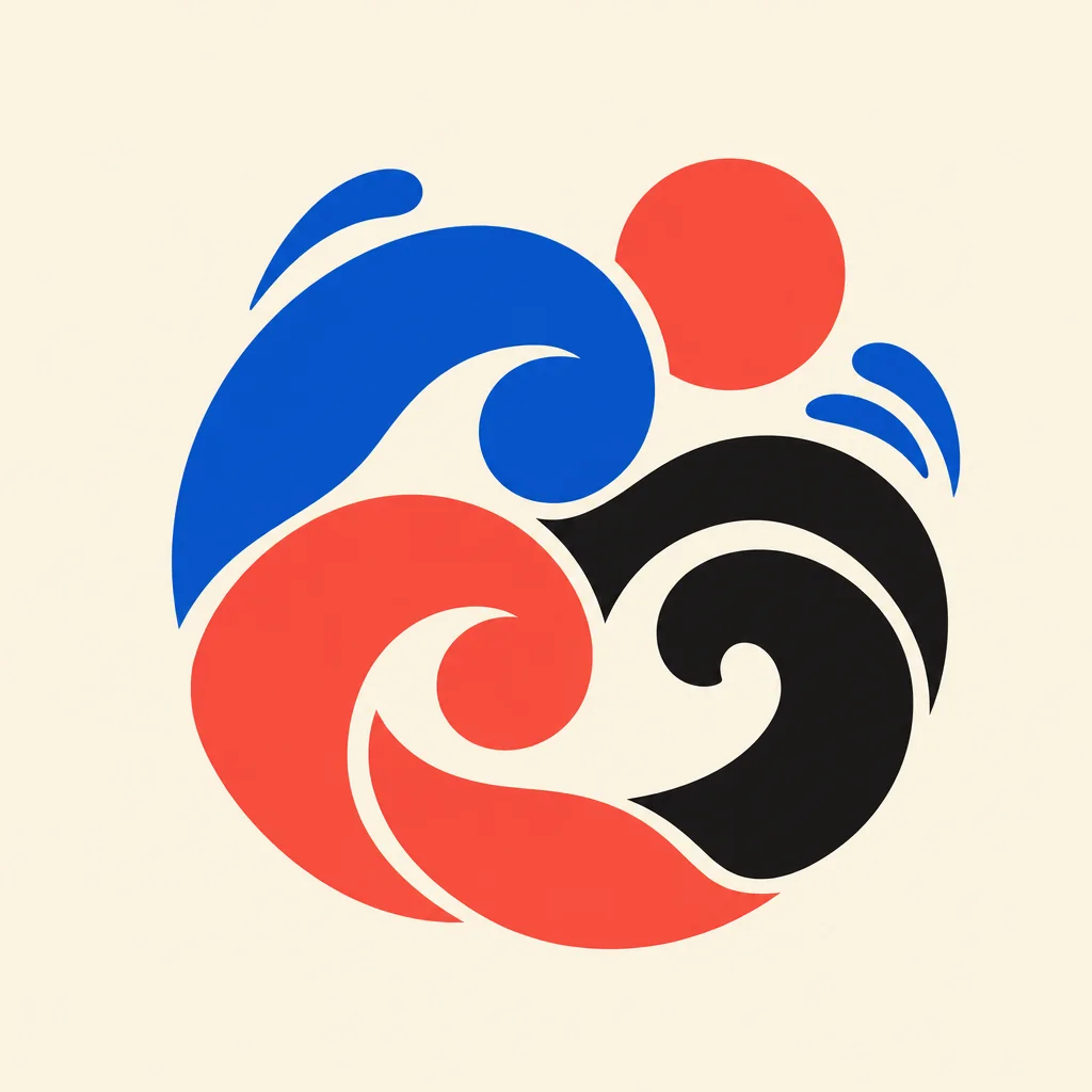 Bold cobalt and coral wave shapes with cream negative spaces in a centered flat graphic