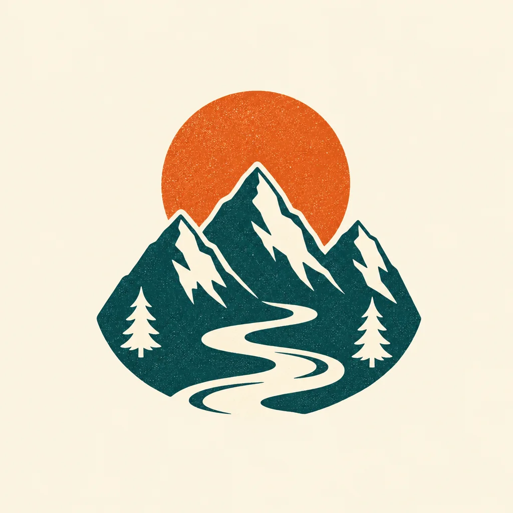 Flat T-shirt graphic with teal mountains, an orange sun and a cream river on a pale background