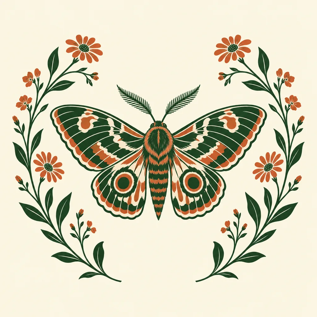 Symmetrical moth surrounded by curved wildflower stems in forest green and terracotta