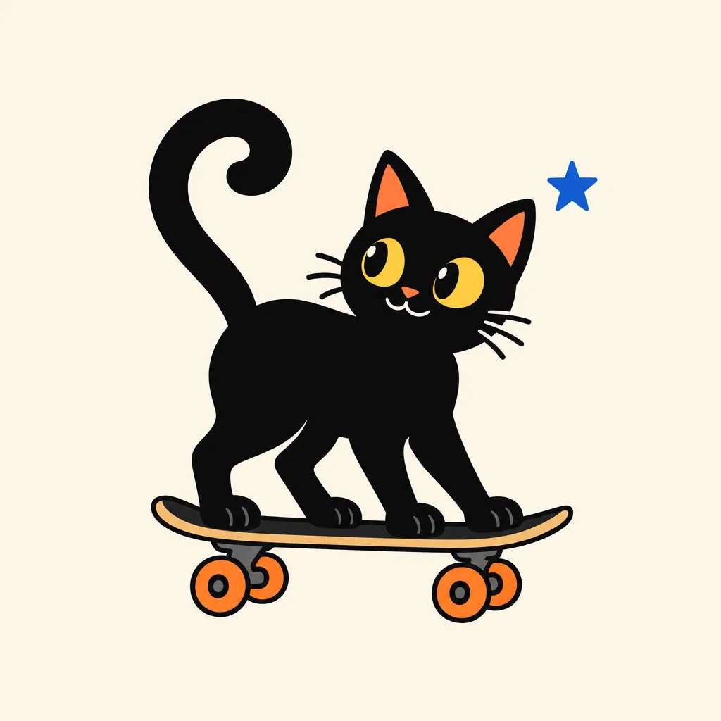 Black cartoon cat on a skateboard with orange wheels and a blue star on a cream background