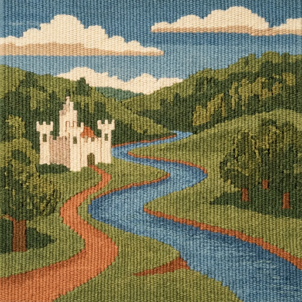 Tapeçaria tecida de um castelo creme ao lado de um rio azul sinuoso e caminho cor de ferrugem, com colinas verdes arborizadas sob um céu azul