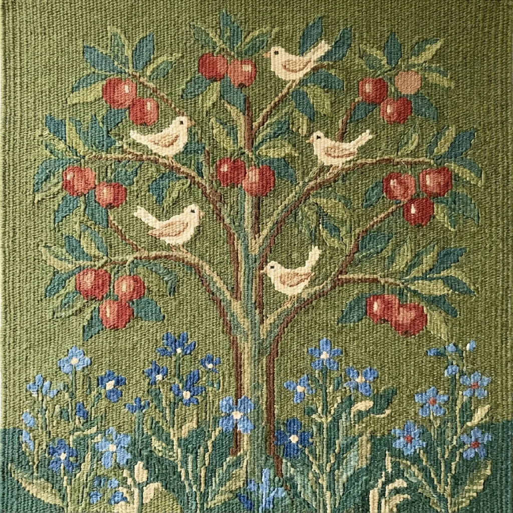 Tapeçaria tecida de uma árvore com frutas vermelhas e pássaros creme acima de flores azuis, com fios visíveis em um fundo verde