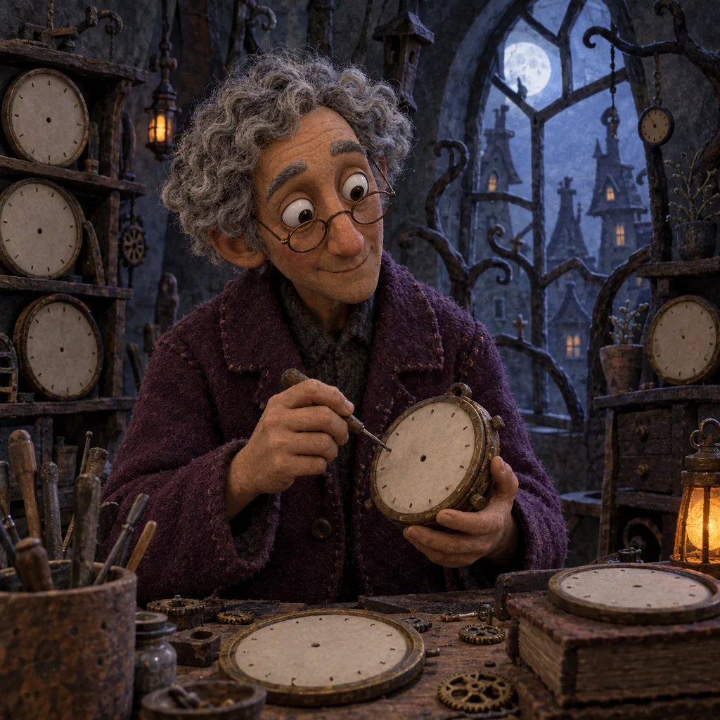 Original older clockmaker with gray curls, glasses and a textured plum coat working on plain clock faces in a moonlit workshop