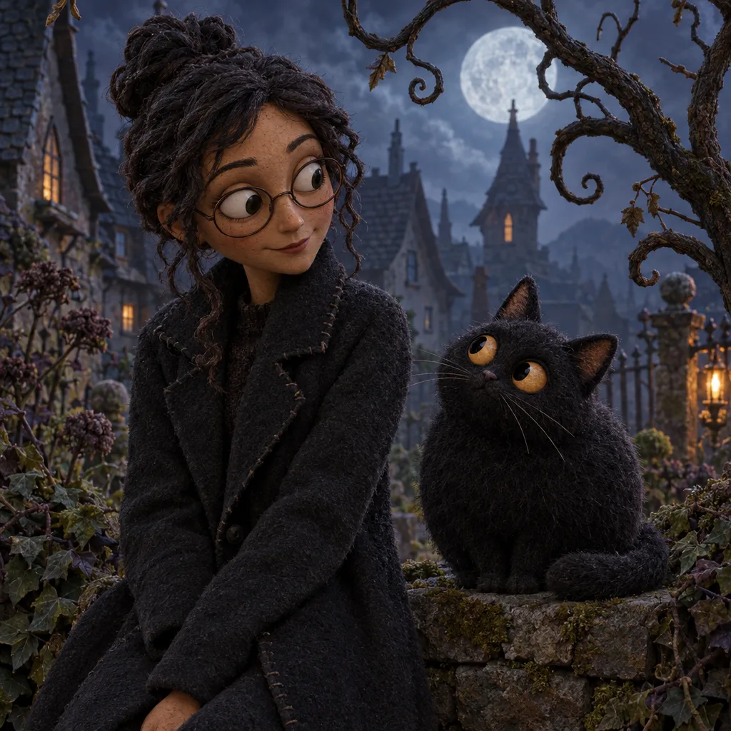 Original gothic storybook character with dark hair and glasses sitting beside a round black cat with amber eyes on an uneven moonlit garden wall