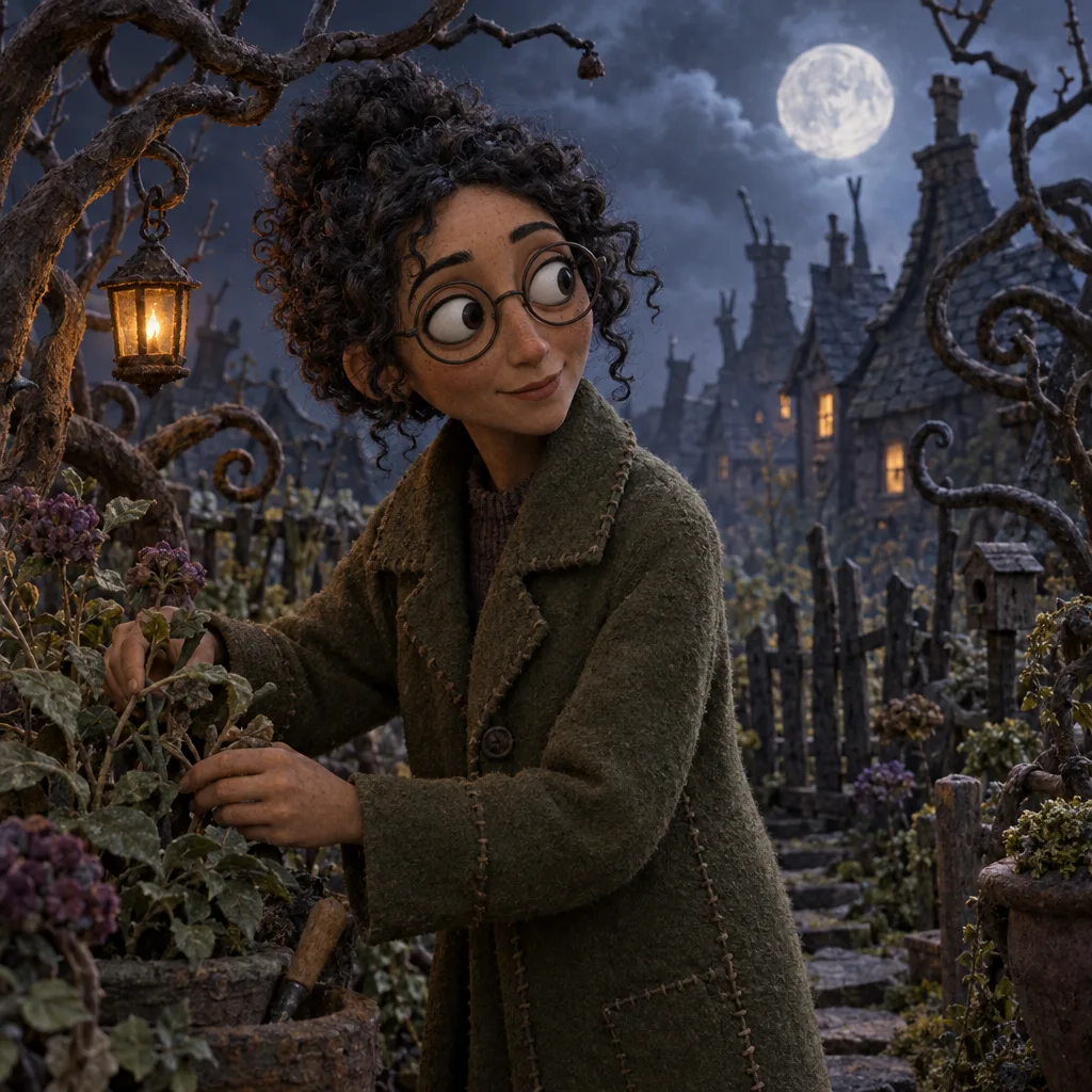 Original curly-haired character with round glasses and a textured moss coat tending plants in a crooked moonlit garden with warm lanterns