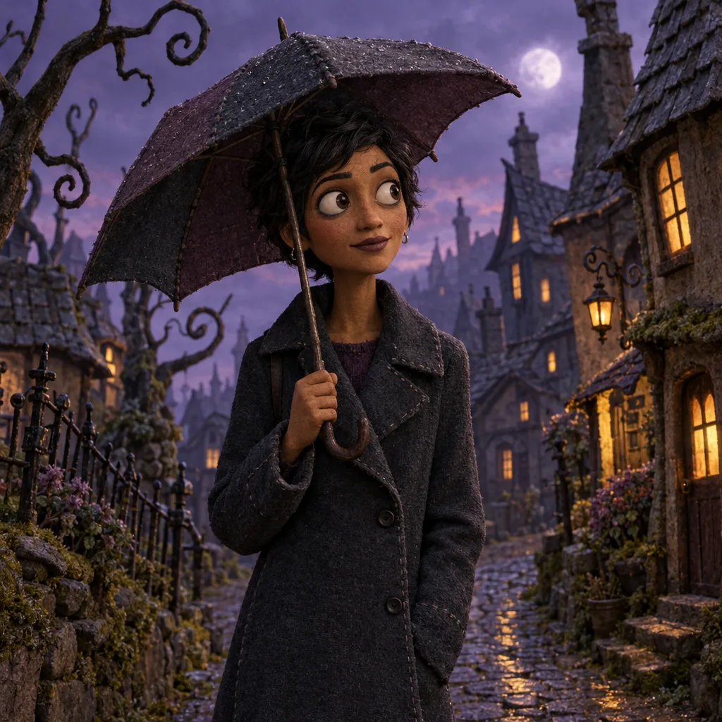 Original dark-haired character with medium brown skin and a slate coat holding an umbrella on a crooked cobbled lane with warm windows at violet dusk