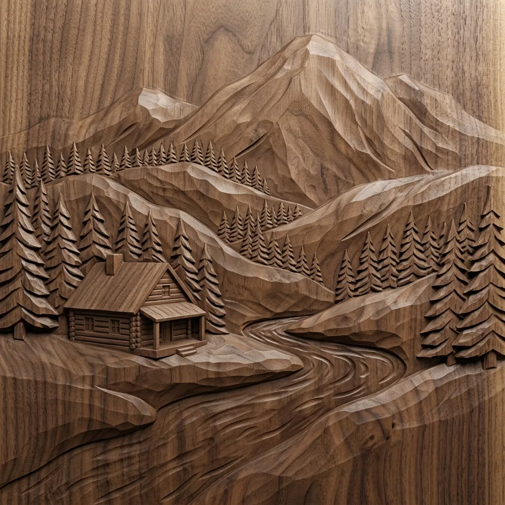 Walnut wood relief of a cabin, pine-covered mountains and a winding river, with layered carved planes and flowing grain