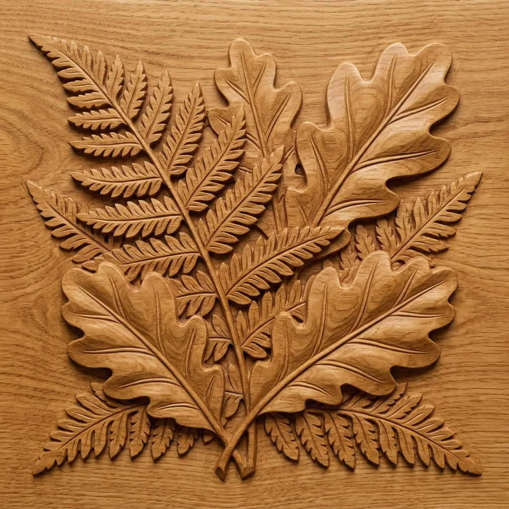 Overlapping fern fronds and oak leaves carved into a honey-colored wood surface, with raised leaf ribs and recessed shadows