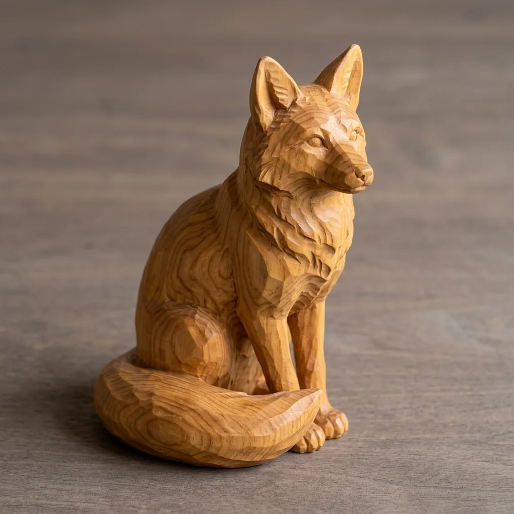 Honey-colored wooden fox seated with its tail around its paws, with pointed ears, carved facets and visible timber grain