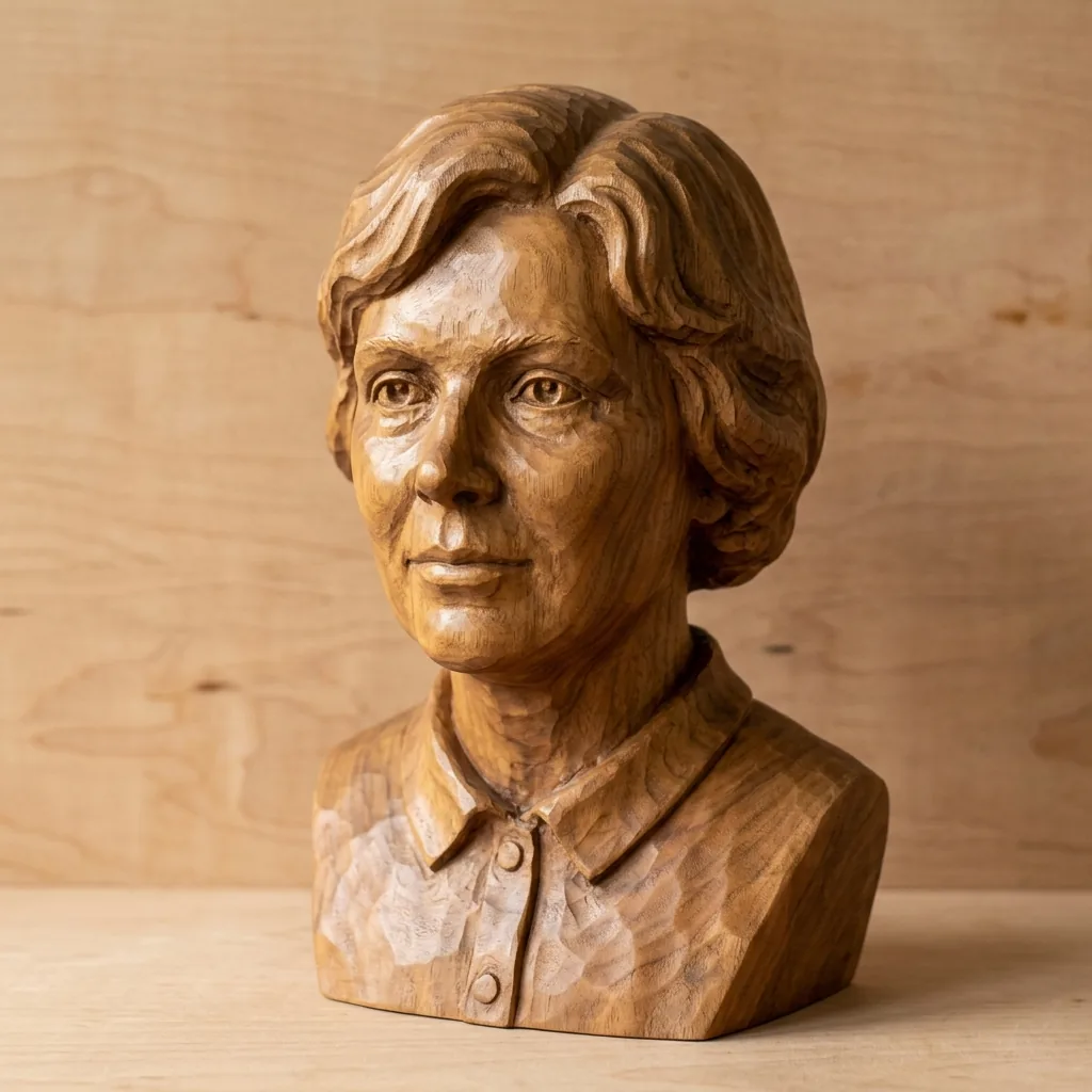 Carved-wood bust of a woman with short wavy hair and a plain collar, shown in three-quarter view with warm flowing grain