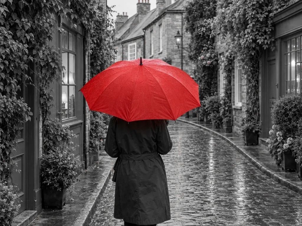 Red umbrella kept in color against a black-and-white street