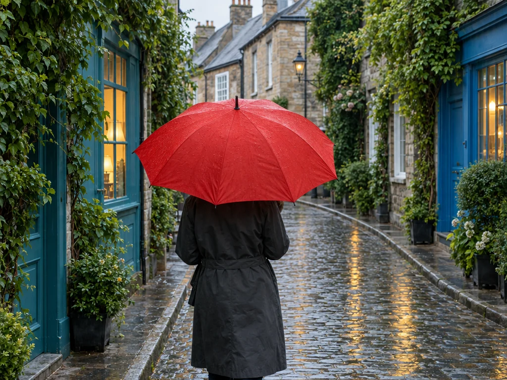Red umbrella on a rainy street before the color splash effect
