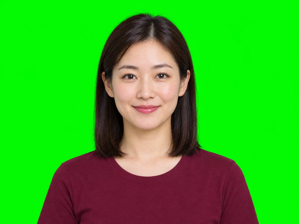 Portrait against a green backdrop before chroma key removal