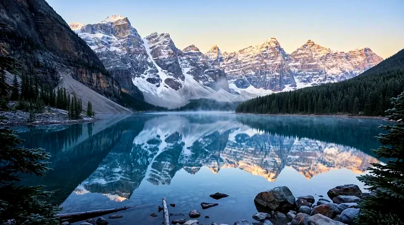 Derselbe Bergsee mit schneebedeckten Gipfeln und Nadelbäumen nach Bildanpassungen, die den Kontrast verstärken, die Lichter ausgleichen und die Farben intensivieren.