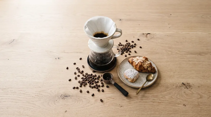 Ein Kaffeefilterhalter und eine Glaskanne neben Kaffeebohnen, Gebäck und einem goldenen Löffel auf einem hellen Holztisch.