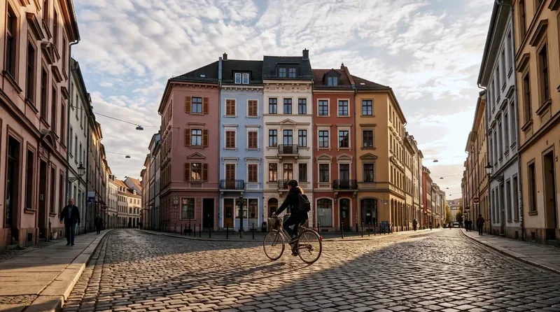 Dieselbe sonnige Straße mit dem Radfahrer, mit kühleren Farben, stärkerem Kontrast und dezenterer Sättigung.