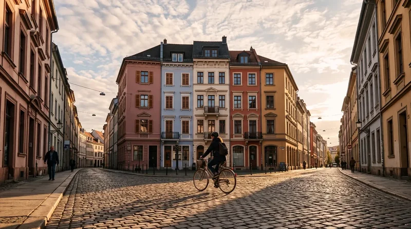 Ein Radfahrer auf einer sonnigen Straße, gesäumt von pastellfarbenen Gebäuden im europäischen Stil.