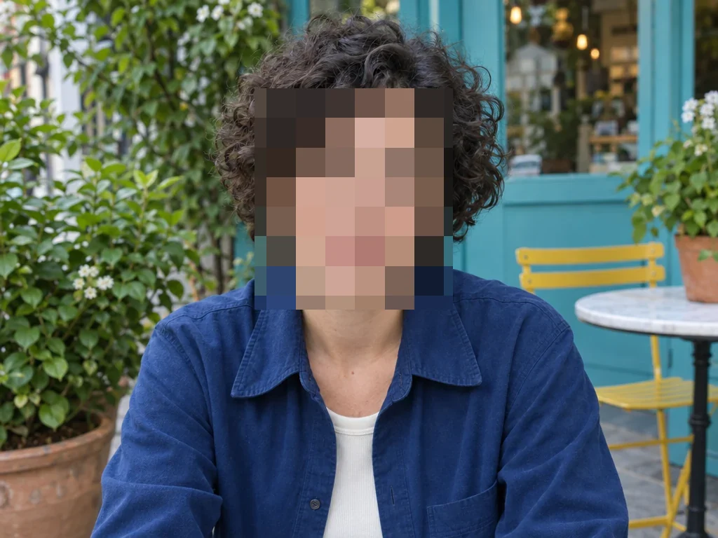 The same café portrait with a rectangular mosaic over the face
