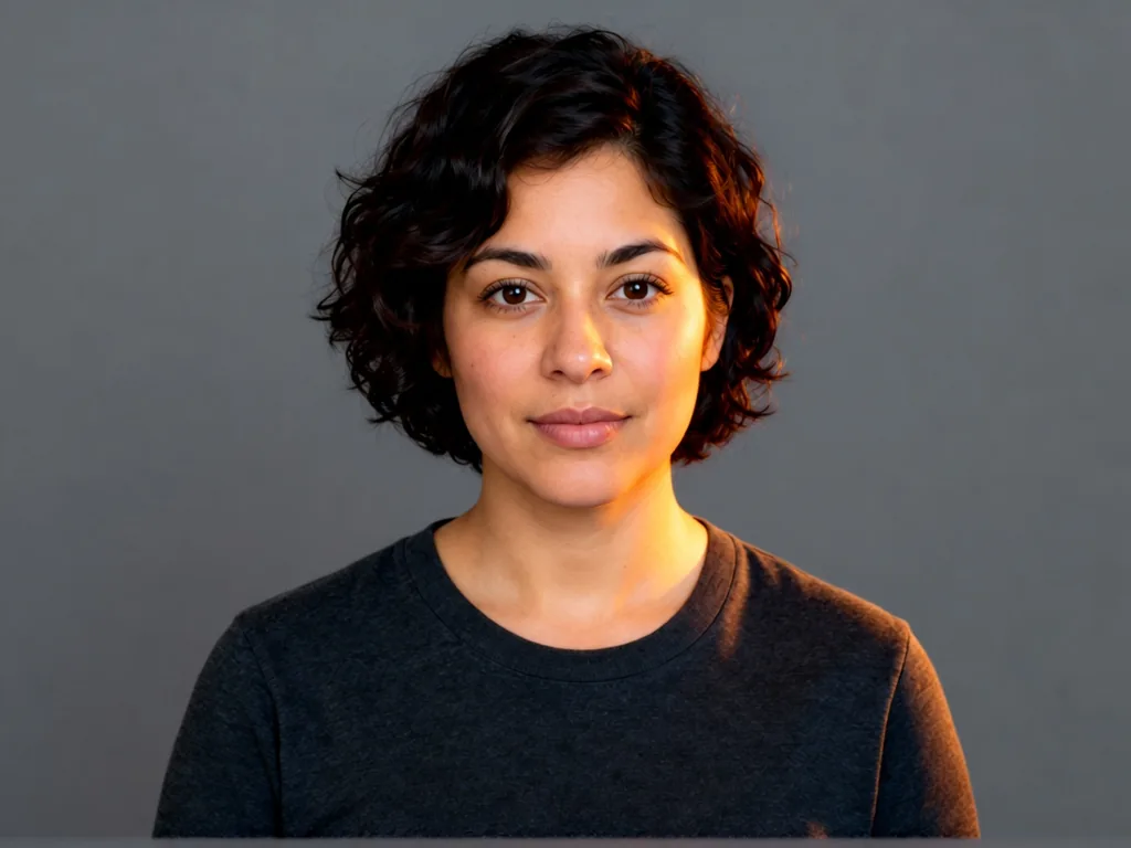 Portrait of the woman with short dark curls after AI relighting